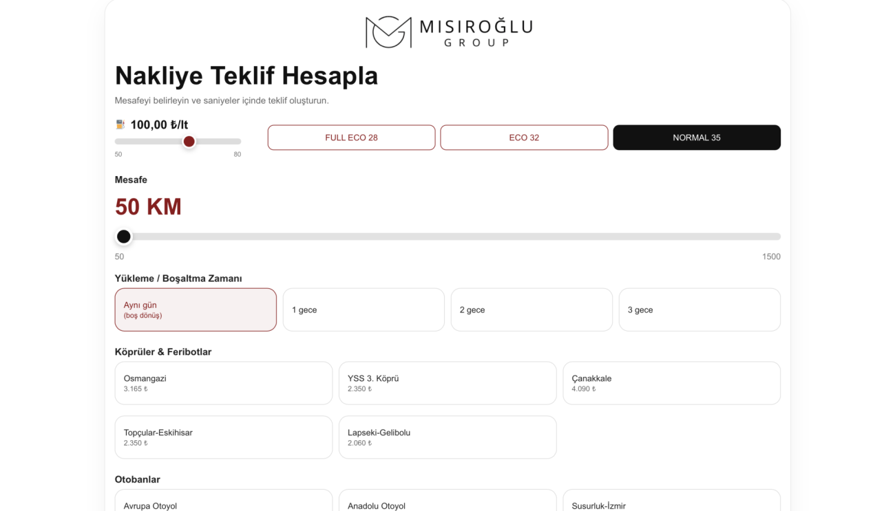 Akıllı Nakliye Teklif Hesaplama Sistemi proje ekranı 1
