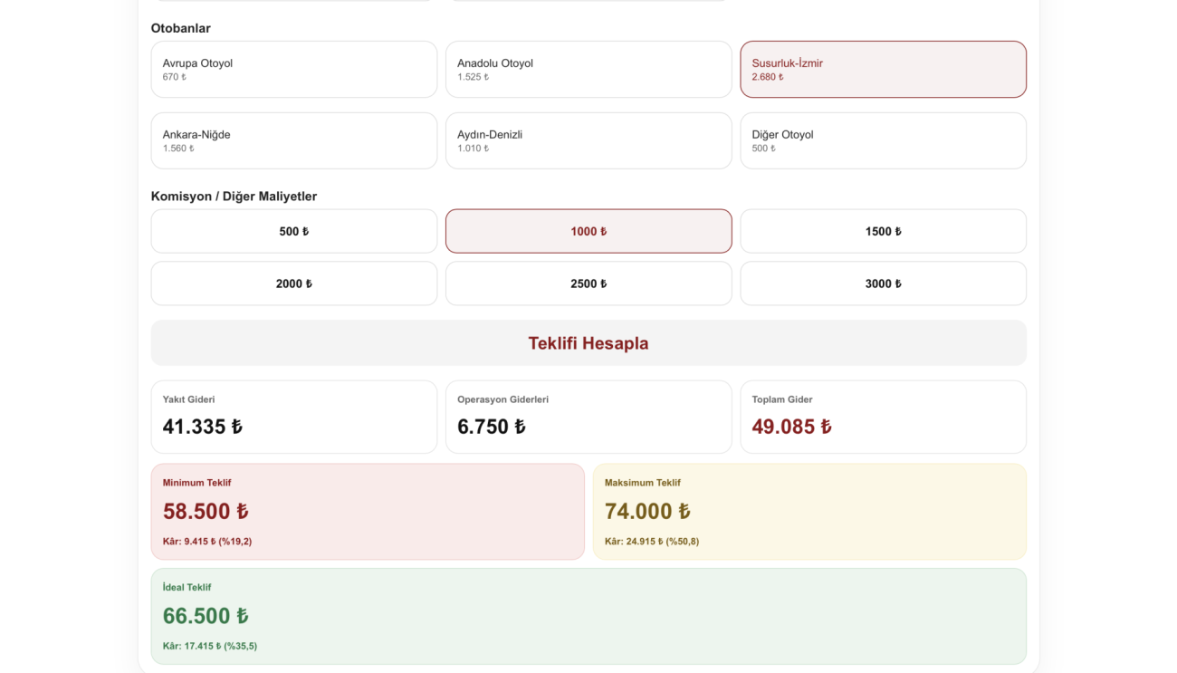 Akıllı Nakliye Teklif Hesaplama Sistemi proje ekranı 2